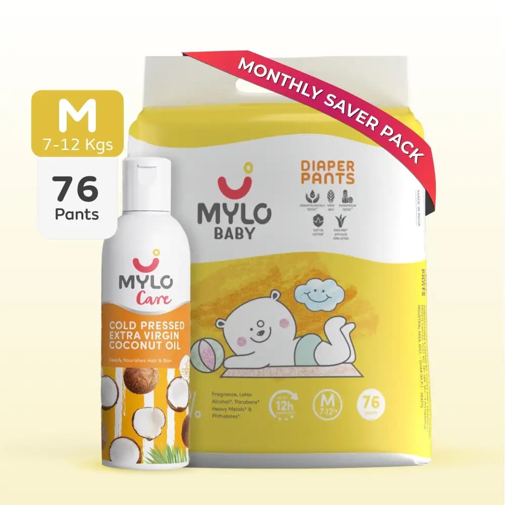 Baby Diaper Pants Medium (M) 7-8 kgs - (76 count) Leak Proof + Extra Virgin Coconut Oil (200ml)
