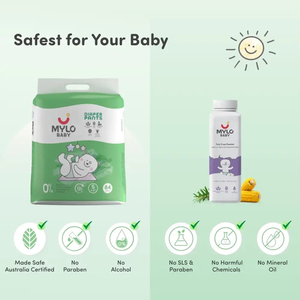 Super Saver Combo - Baby Diaper Pants Small (S) Size 4-8 kgs (84 count) Leak Proof + Baby Powder for Kids - 300 gm