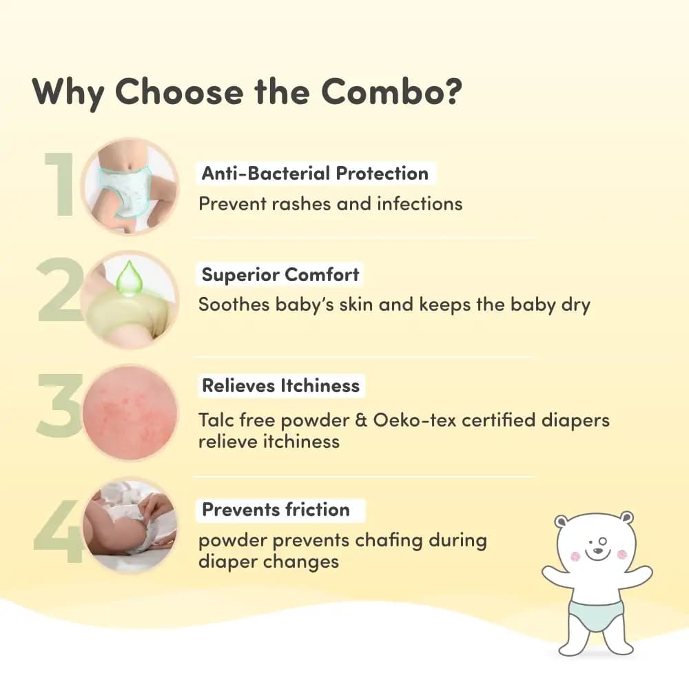 Super Saver Combo - Baby Diaper Pants Medium (M) Size 7-12 kgs (76 count) Leak Proof + Baby Powder for Kids - 300 gm