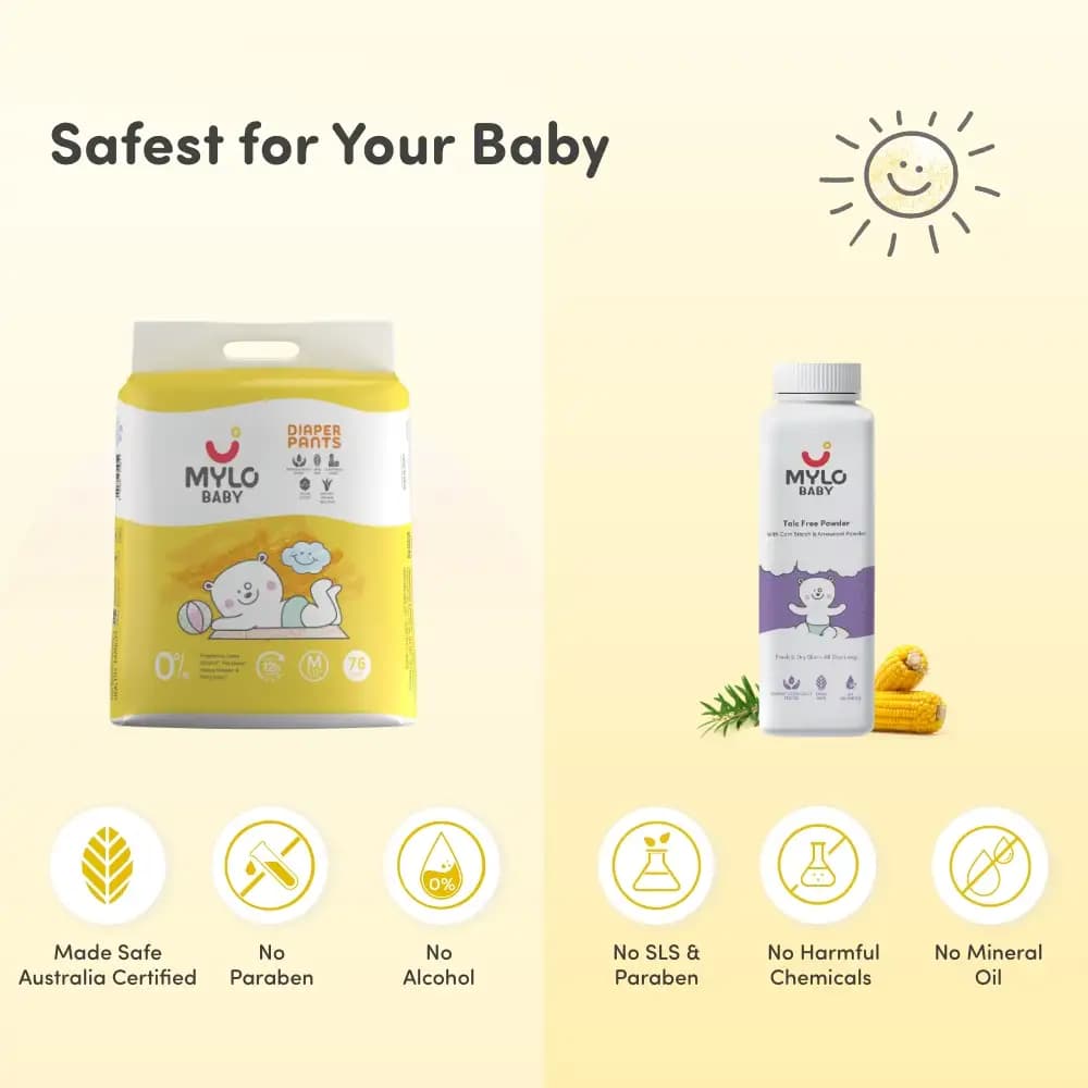 Super Saver Combo - Baby Diaper Pants Medium (M) Size 7-12 kgs (76 count) Leak Proof + Baby Powder for Kids - 300 gm