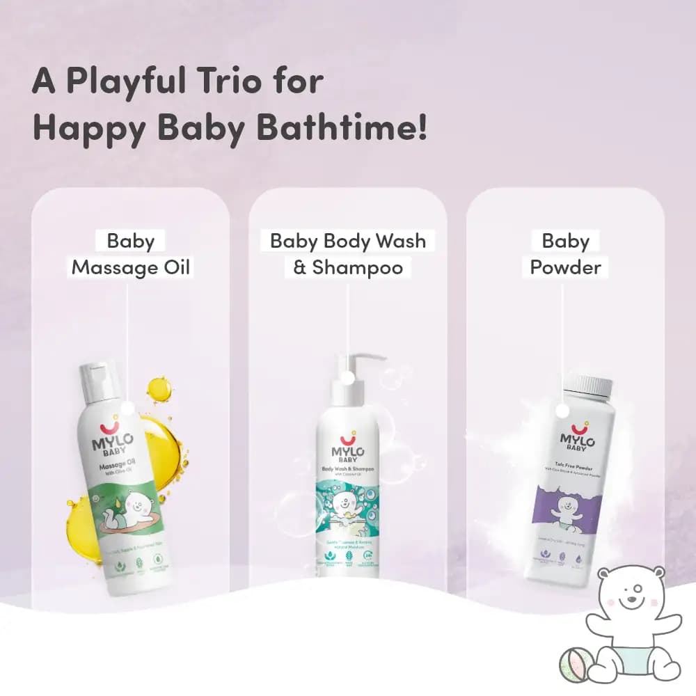 Baby Bath Regime Kit - Massage Oil (200ml), Head to Toe Wash (200ml) & Talc-Free Powder (300gm)