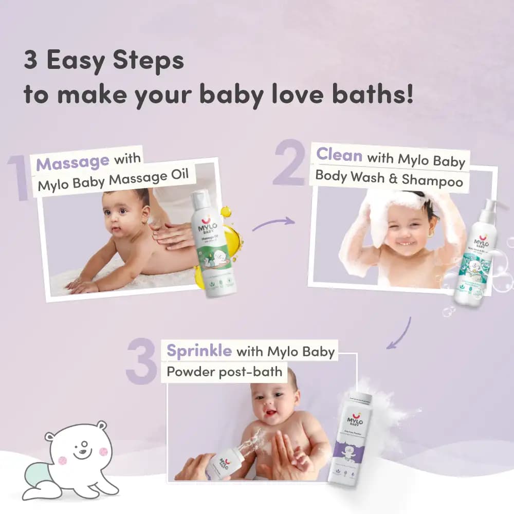 Baby Bath Regime Kit - Massage Oil (200ml), Head to Toe Wash (200ml) & Talc-Free Powder (300gm)