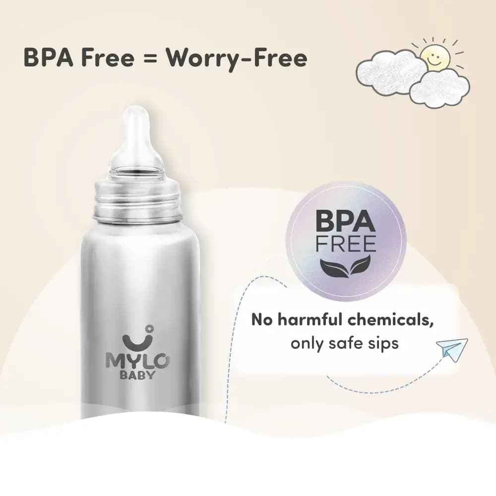 Stainless Steel Feeding Sipper Bottle | BPA Free | Anti-Colic | 100% Food Grade | Feels Natural Baby Bottle | Non-toxic Rust Free - 140 ml + 250 ml