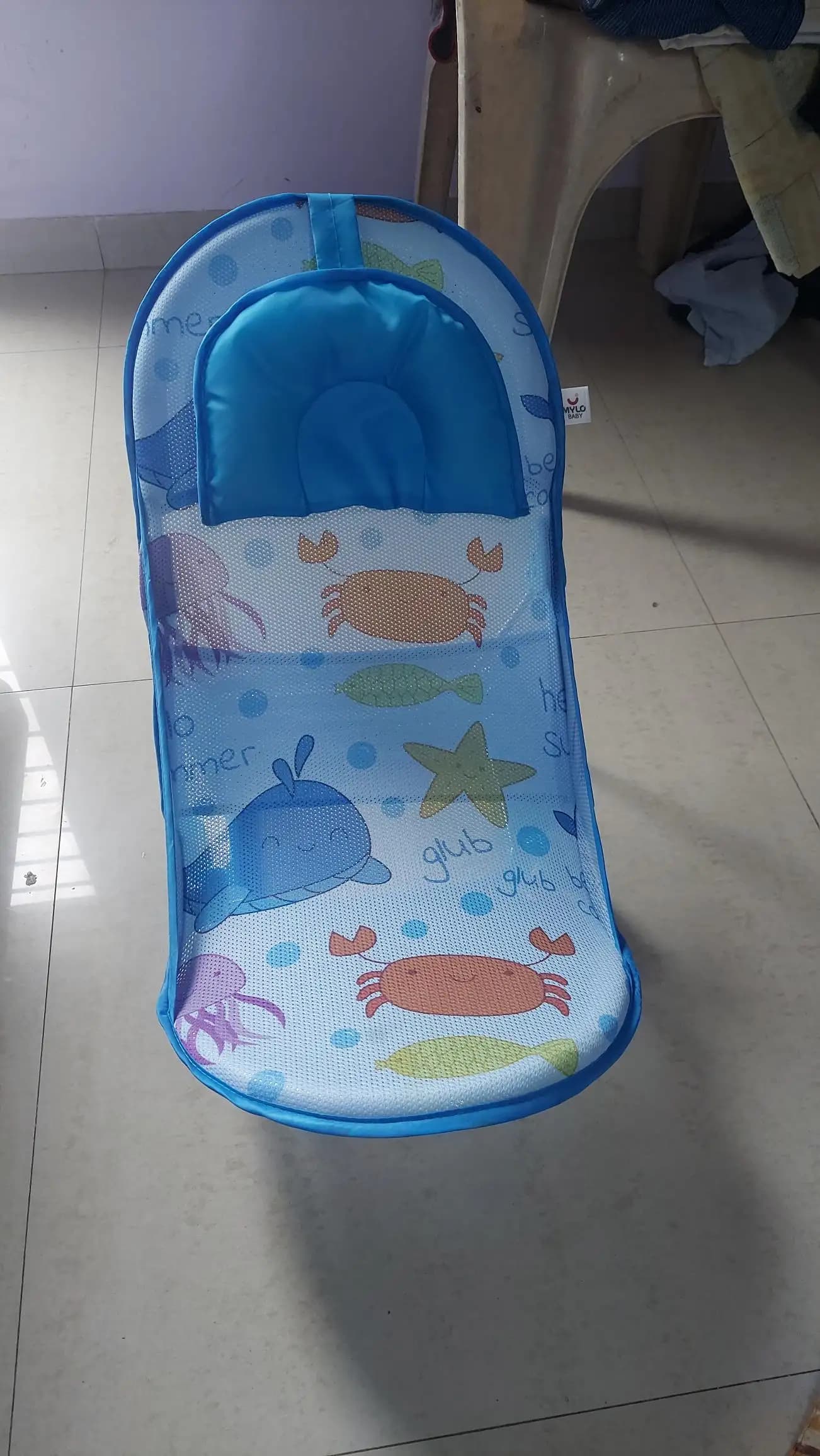 Bath Seat | Baby Bath Chair with 3 Adjustable Positions | Cushioned Headrest & Footrest | Easy to Fold with Washable Soft Mesh | 0-18 Months - Blue Ocean