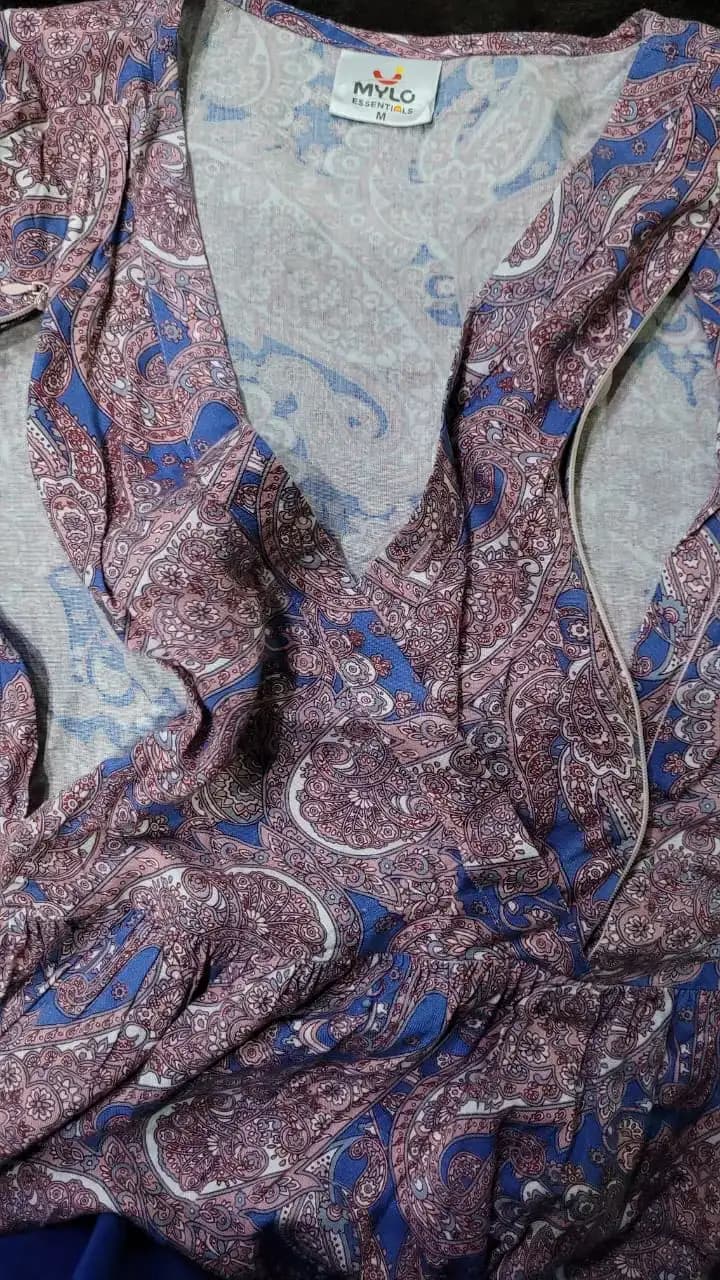 Maternity Dresses For Women with Both Side Zipper For Easy Feeding | Adjustable Belt for Growing Belly | Maxi Dress | Persian Paisley - Blue | L