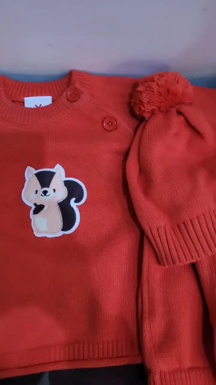 Baby Full Sleeves Sweater & Footed Pant Set with Cap in 100% Cotton – Poppy Red Squirrel (3-6 M)