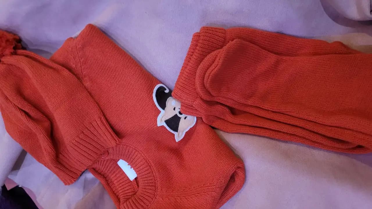 Baby Full Sleeves Sweater & Footed Pant Set with Cap in 100% Cotton – Poppy Red Squirrel (3-6 M)