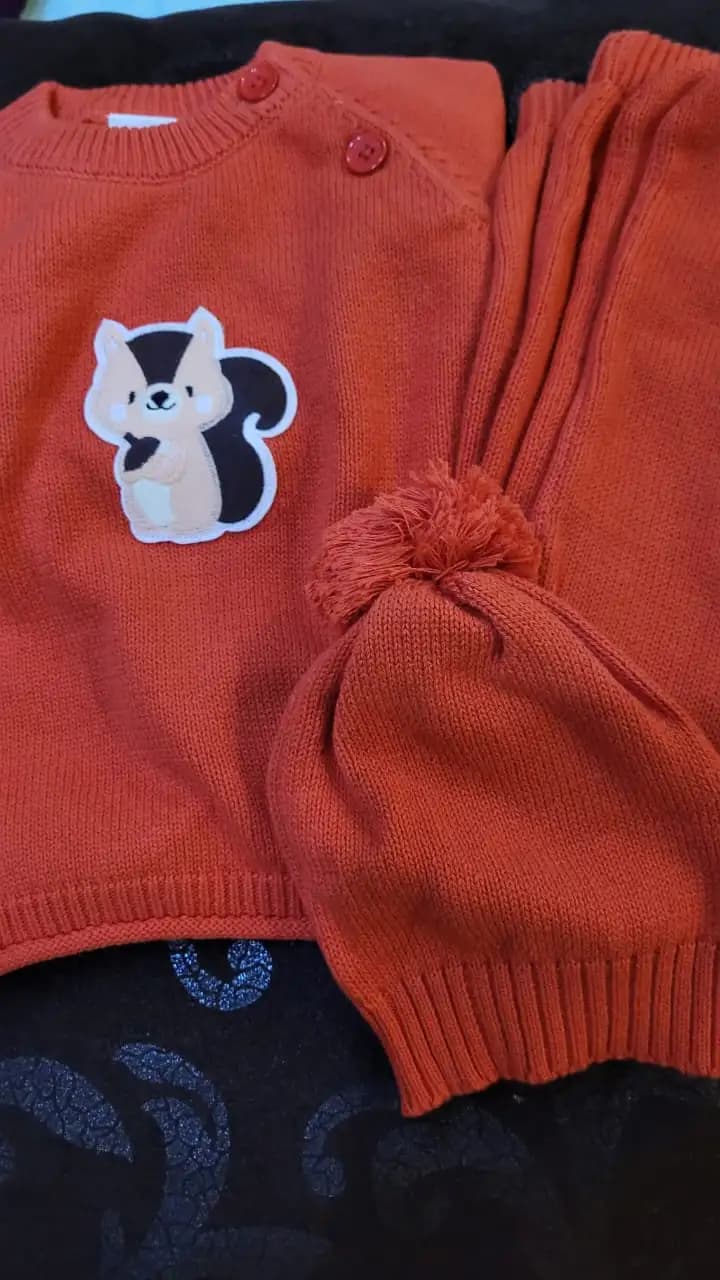 Baby Full Sleeves Sweater & Footed Pant Set with Cap in 100% Cotton – Poppy Red Squirrel (3-6 M)