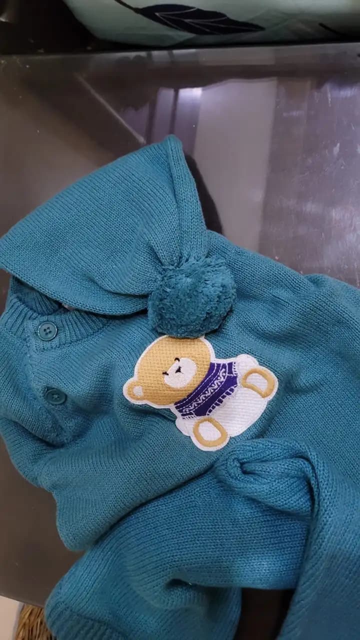 Baby Full Sleeves Sweater & Footed Pant Set with Cap in 100% Cotton –Teal Green Cuddly Teddy 3-6M
