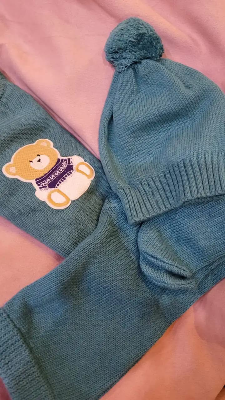 Baby Full Sleeves Sweater & Footed Pant Set with Cap in 100% Cotton –Teal Green Cuddly Teddy 3-6M