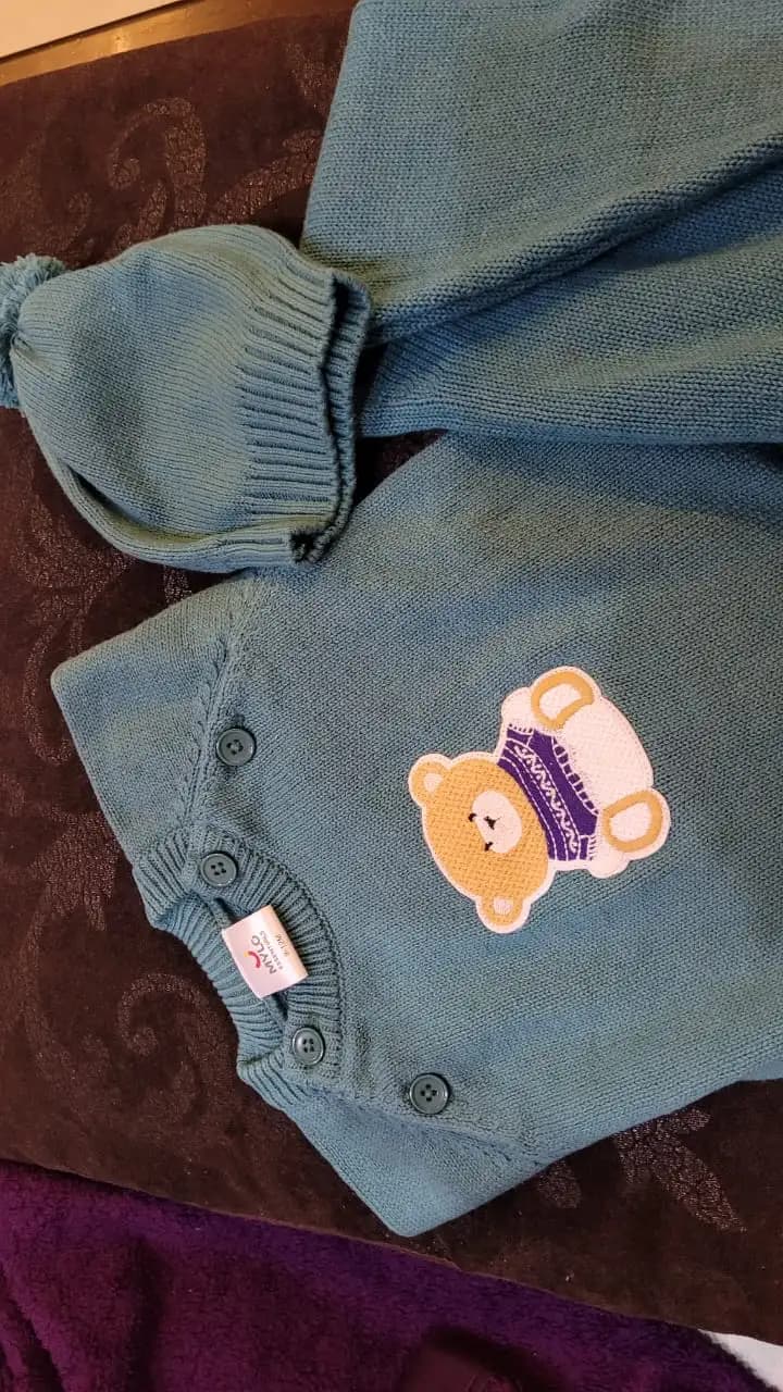 Baby Full Sleeves Sweater & Footed Pant Set with Cap in 100% Cotton –Teal Green Cuddly Teddy 3-6M
