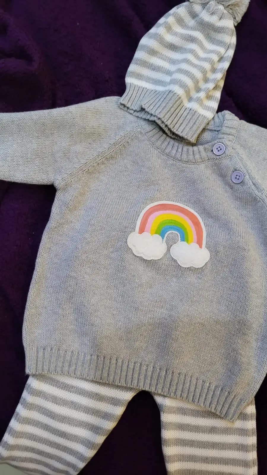 Baby Full Sleeves Sweater & Stripe Pant Set with Cap in 100% Cotton– Lt. Grey Rainbow Cloud (3-6M)
