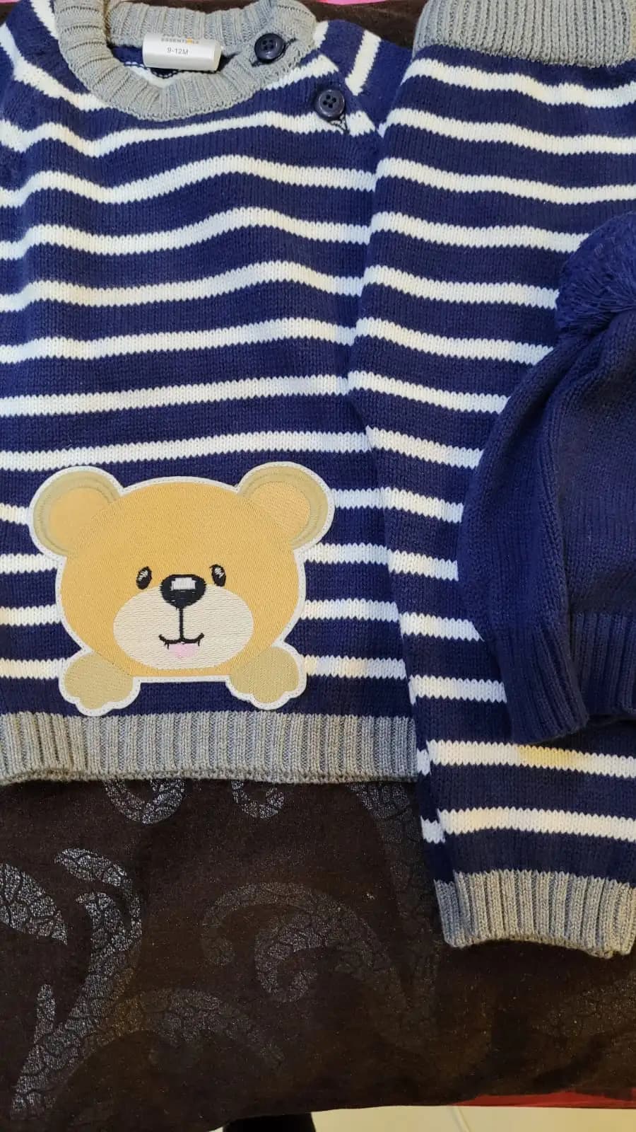 Baby Full Sleeves Striped Sweater & Pant Set with Cap in 100% Cotton– Navy Teddy (12-18M)