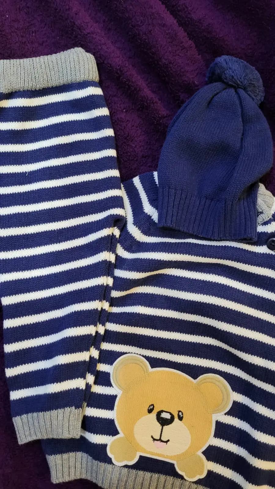 Baby Full Sleeves Striped Sweater & Pant Set with Cap in 100% Cotton– Navy Teddy (12-18M)