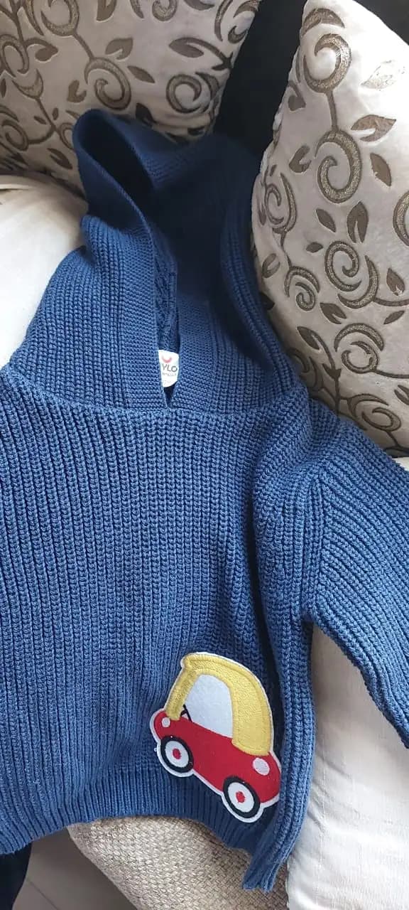 Baby Full Sleeves Sweater with Hoodie in 100% Cotton– Navy Toy Car (12-18 M)