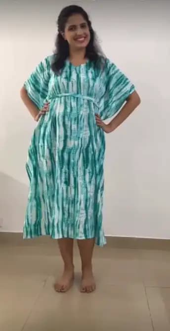 Maternity Dresses For Women with Both Side Zipper For Easy Feeding | Adjustable Belt for Growing Belly | Kaftan Dress | Shibori Print - Sea Green | L