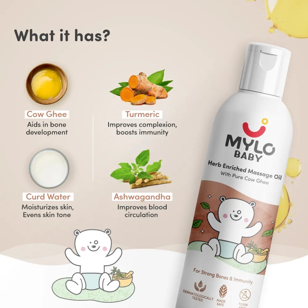 Mylo Herb Enriched Baby Massage Oil - 200 ml | Pack of 2 | Dermatologically Tested | Made Safe Certified | Nourishes Skin | Strengthens Immunity | Ayurvedic Preparation