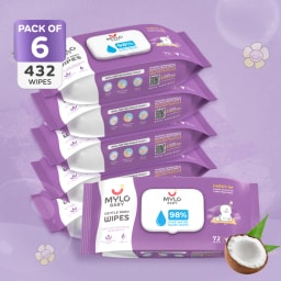 Gentle Baby Wipes With Lid - Organic Coconut Oil, Neem, Aloe Vera and Vitamin E | 98% Pure Water | Dermatologically Tested (Pack of 6) - 72 Wipes Per Pack