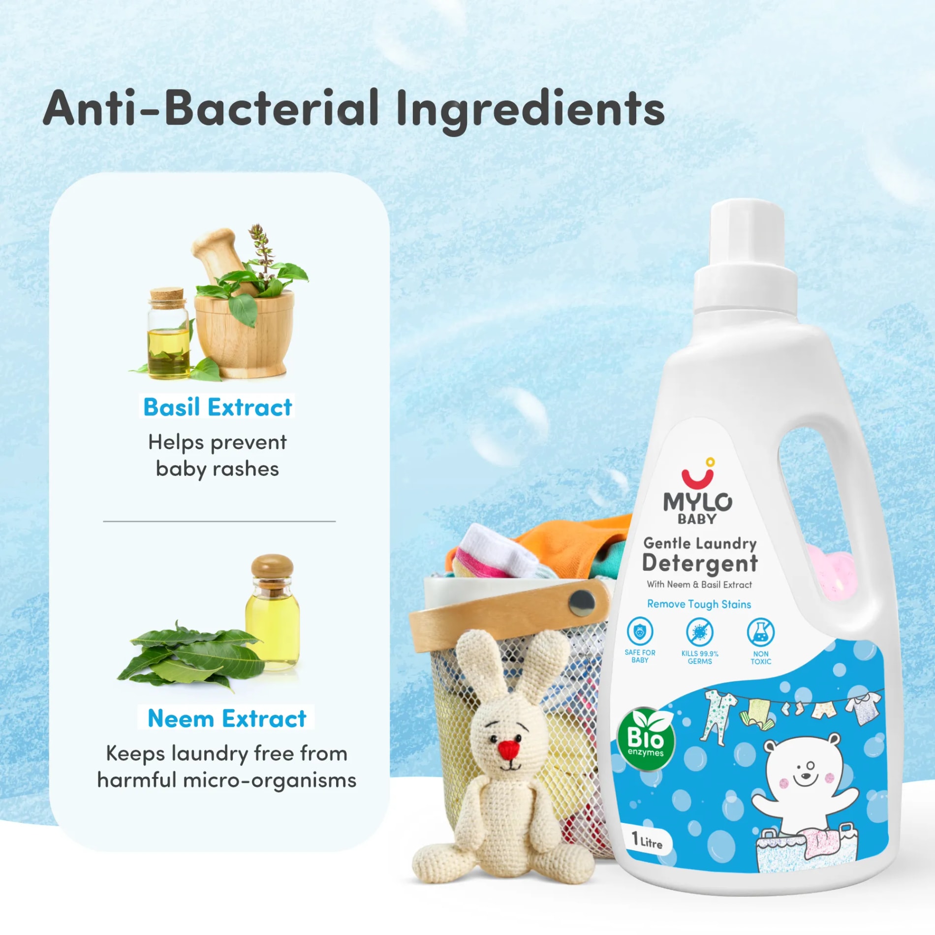 Baby-Safe Liquid Detergent for Baby Clothes | Tough on stains | Gentle on clothes | Keeps Color & Softness Intact | Suitable for Front & Top Load Washing Machine | 1 litre - Pack of 4