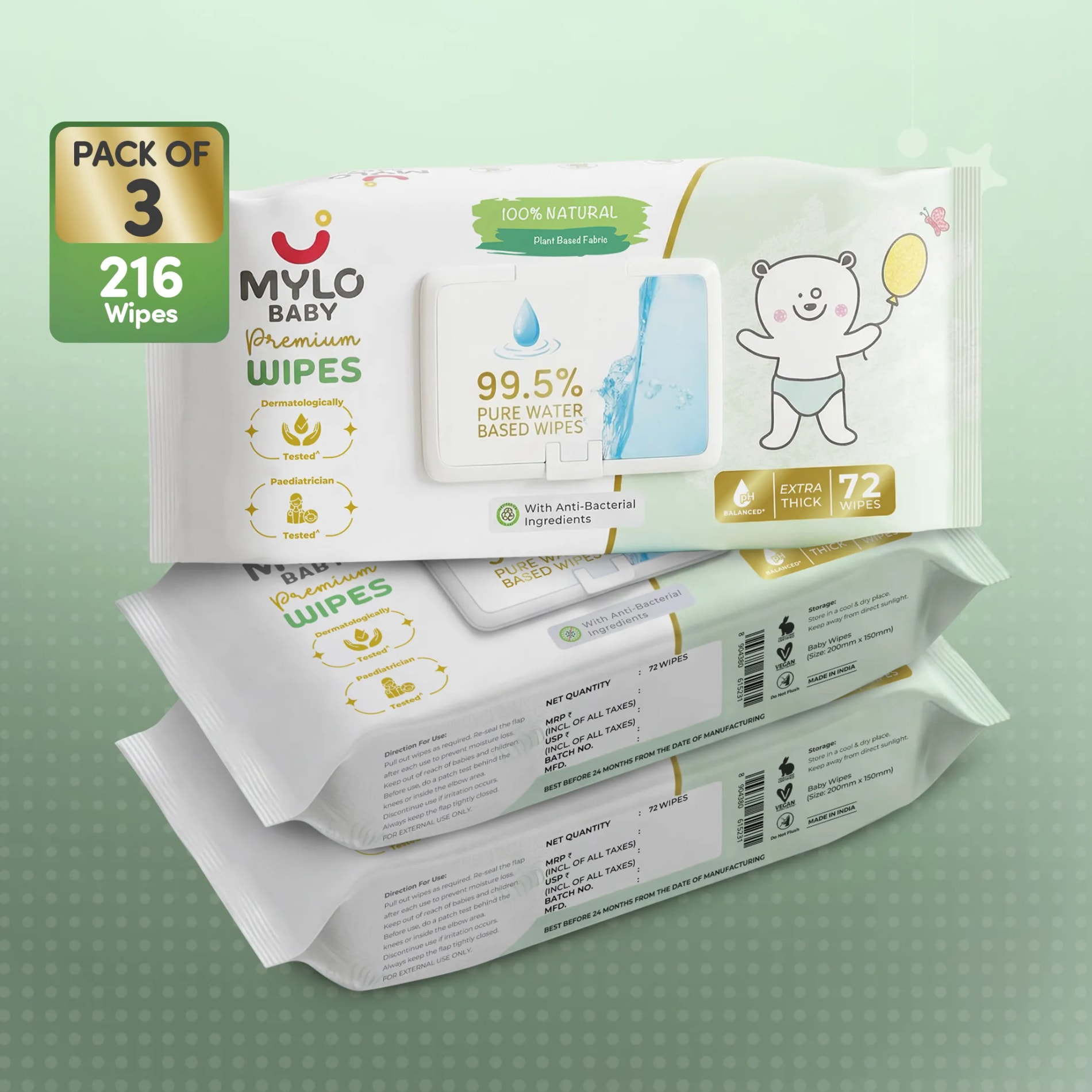 100% Plant-based Premium Wipes with 99.5% Pure Water - Pack of 3