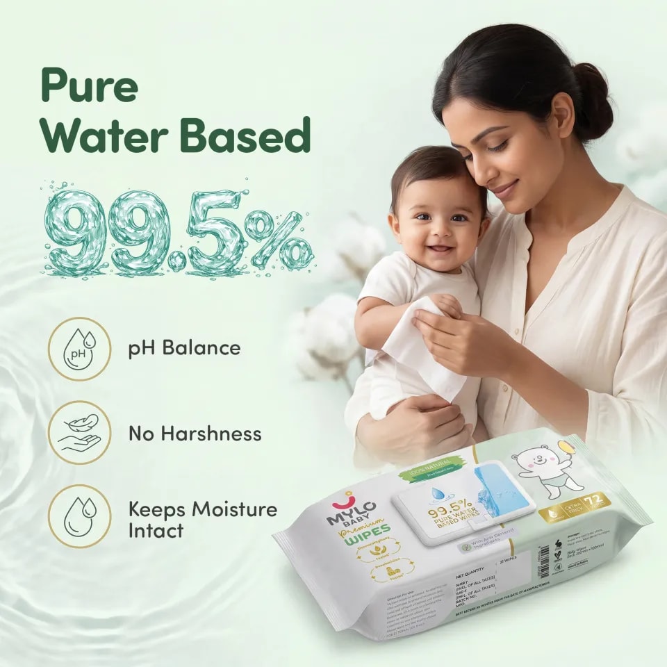 Mylo Baby 100% Plant-based Premium Wipes with 99.5% Pure Water & Calendula Extract - Pack of 2