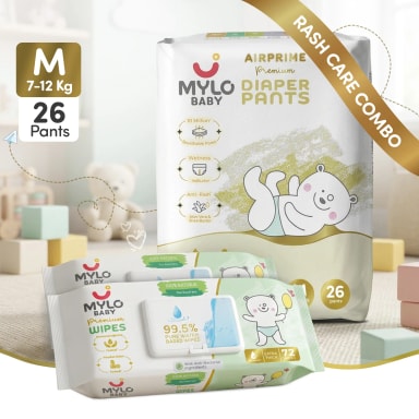 Mylo Rash Care Combo™ | Airprime Premium Diaper Pants M(8-13 Kgs- 26 Count) with Wetness Indicator + 100% Plant-Based Baby Wipes (99.5% Pure Water & Calendula, Pack of 2)