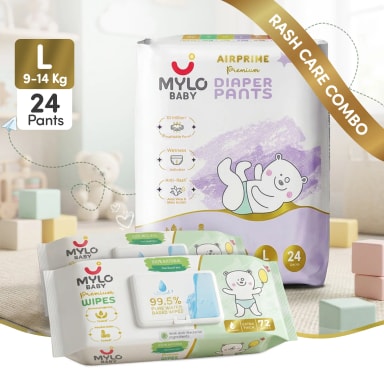 Mylo Rash Care Combo™ | Airprime Premium Diaper Pants L(10-15 Kgs- 24 Count) with Wetness Indicator + 100% Plant-Based Baby Wipes (99.5% Pure Water & Calendula, Pack of 2)