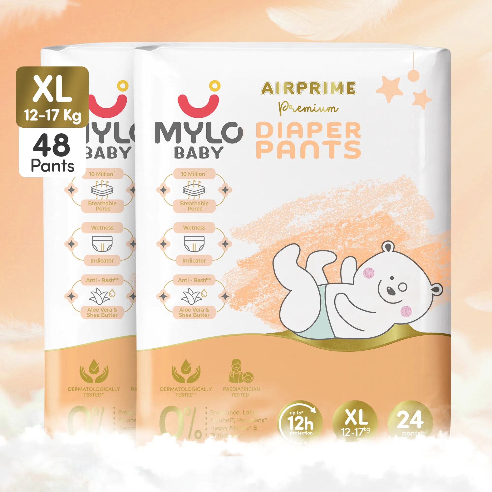 Mylo Airprime™ Premium Baby Diaper Pants | Rash-free | Leak-proof | Ultra-thin | Wetness Indicator - XL(12-17 Kgs) - 48 Count