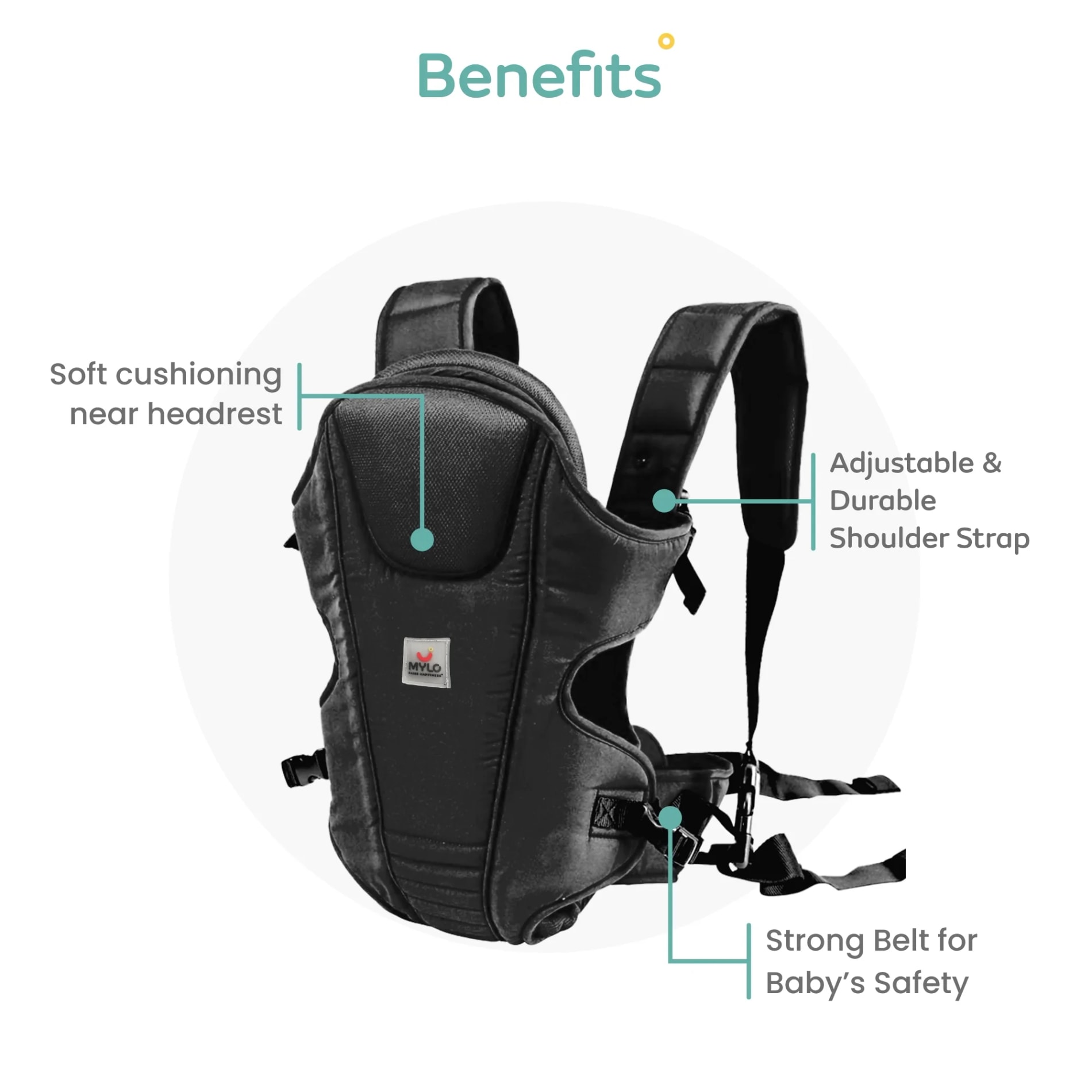 Baby Carrier with Head Support & Adjustable Buckle Straps (6 - 15 Months) - Black