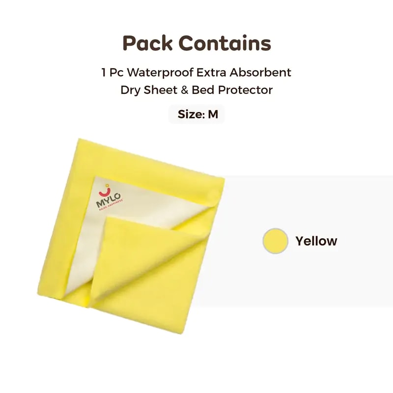 Waterproof Extra Absorbent Baby Dry Sheet & Bed Protector | Guards Against Spills, Stains & Nappy Leaks | Foldable & Portable - Yellow - M