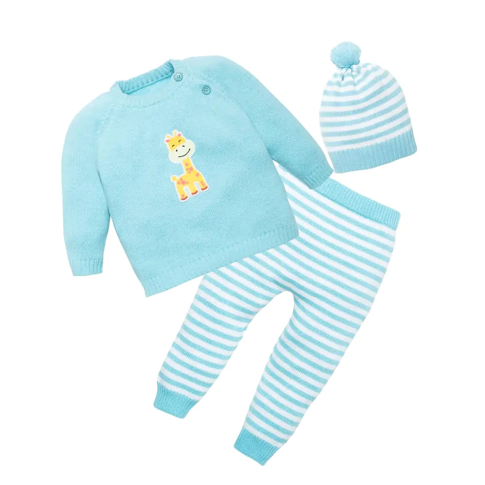 Baby Full Sleeves Sweater and Stripe Pant Set with Cap in 100% Cotton – Blue Giraffe (0-3M)