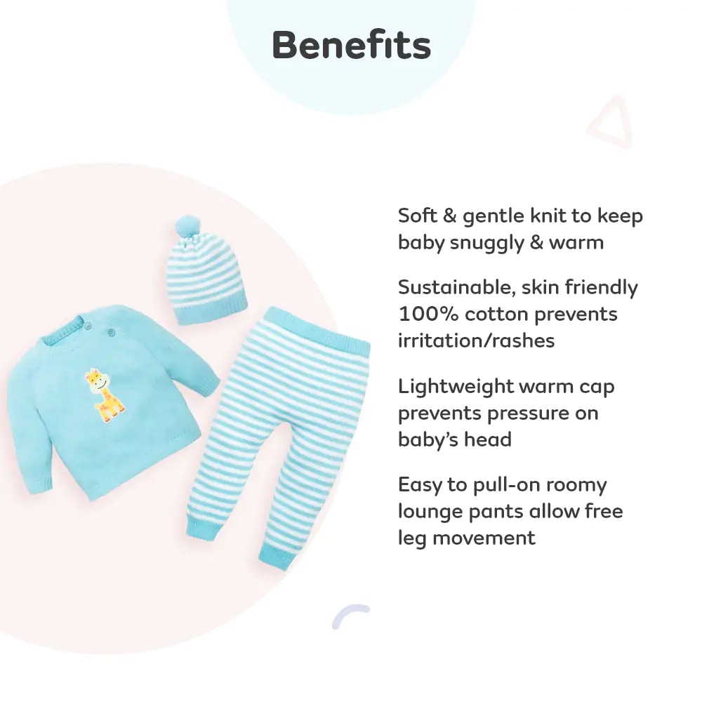 Baby Full Sleeves Sweater and Stripe Pant Set with Cap in 100% Cotton – Blue Giraffe (0-3M)