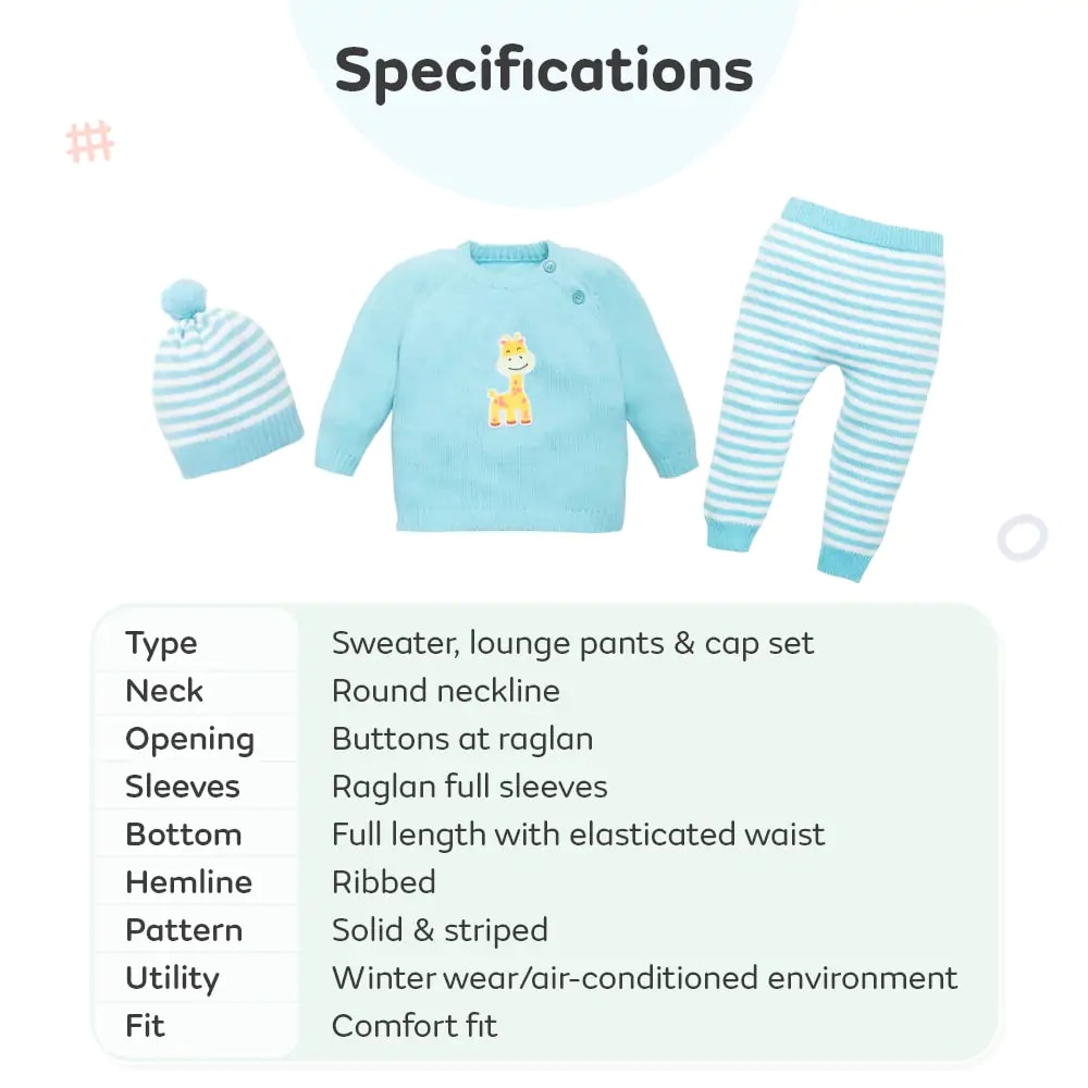 Baby Full Sleeves Sweater and Stripe Pant Set with Cap in 100% Cotton – Blue Giraffe (0-3M)
