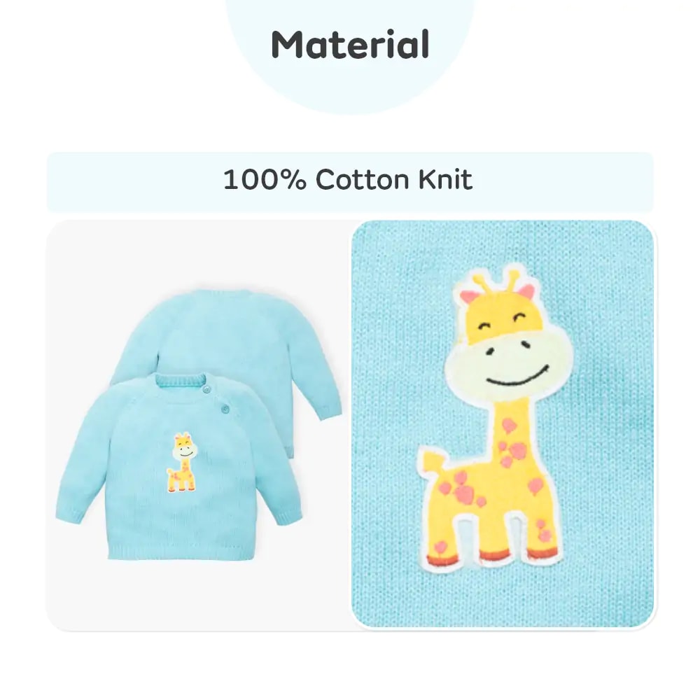Baby Full Sleeves Sweater and Stripe Pant Set with Cap in 100% Cotton – Blue Giraffe (0-3M)