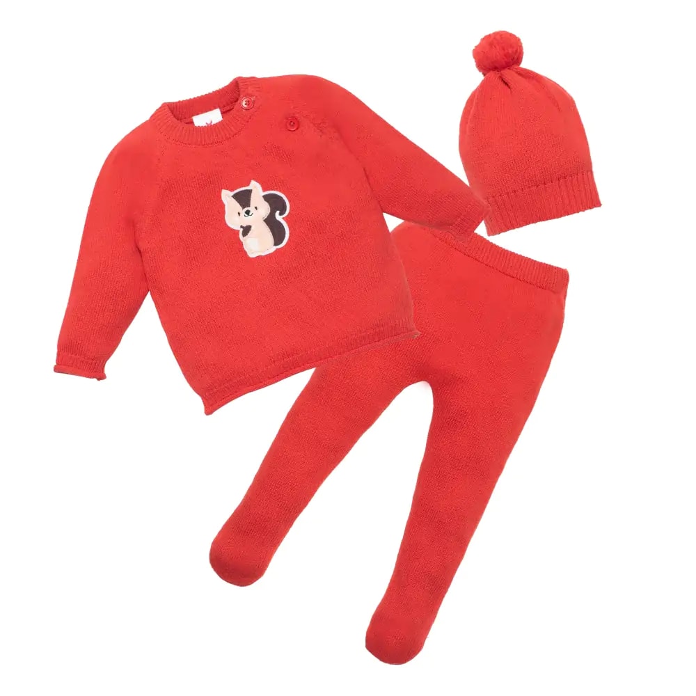 Baby Full Sleeves Sweater & Footed Pant Set with Cap - Poppy Red Squirrel (3-6 M)