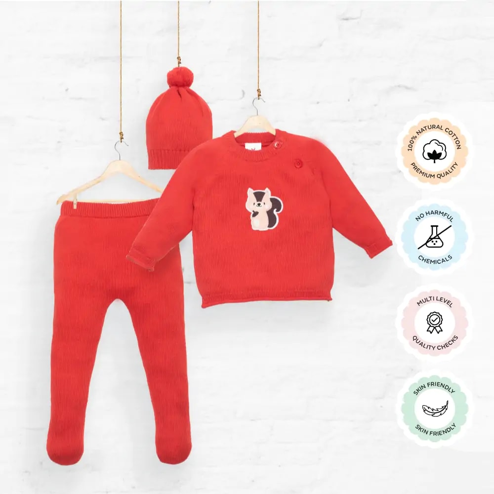 Baby Full Sleeves Sweater & Footed Pant Set with Cap in 100% Cotton – Poppy Red Squirrel (3-6 M)