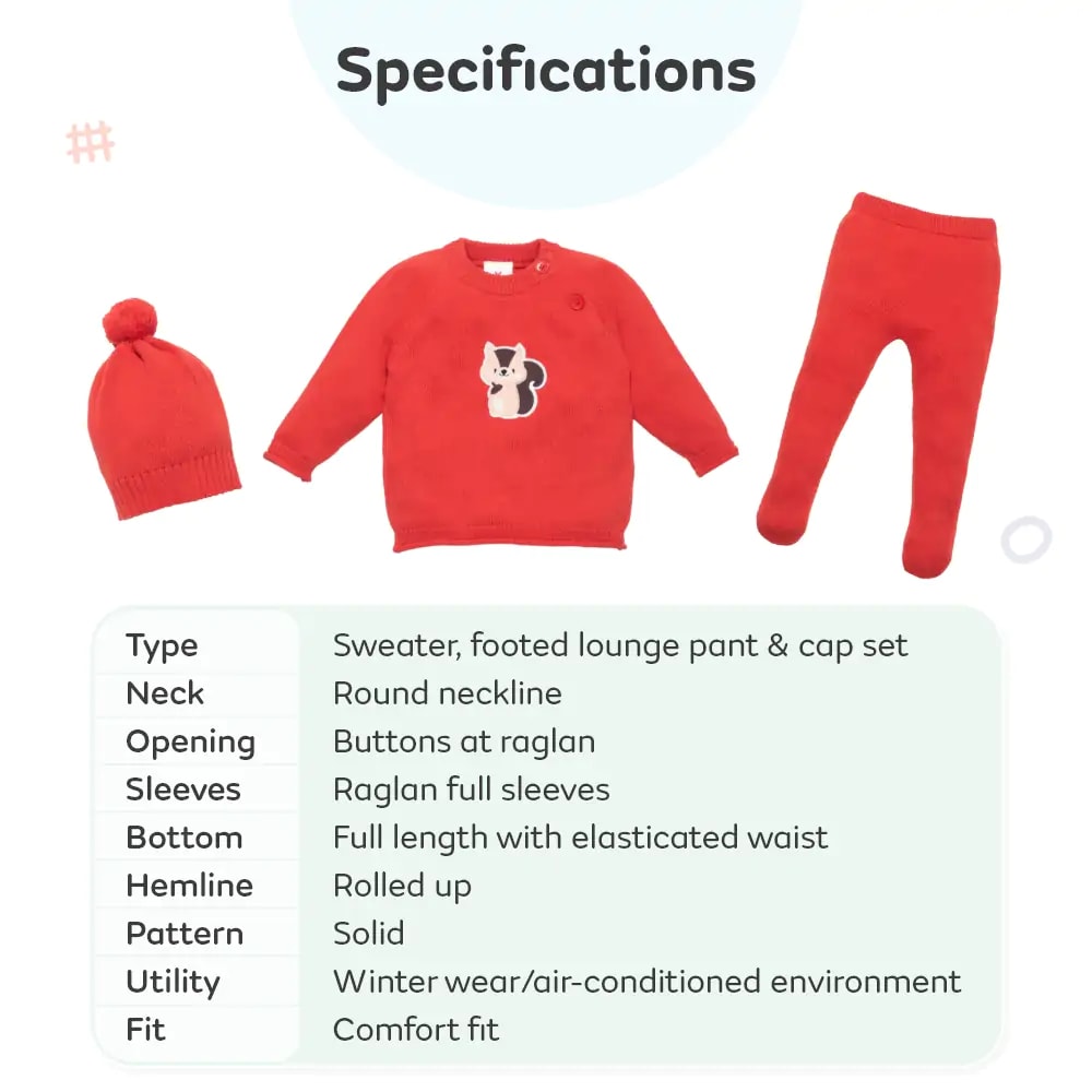 Baby Full Sleeves Sweater & Footed Pant Set with Cap in 100% Cotton – Poppy Red Squirrel (3-6 M)