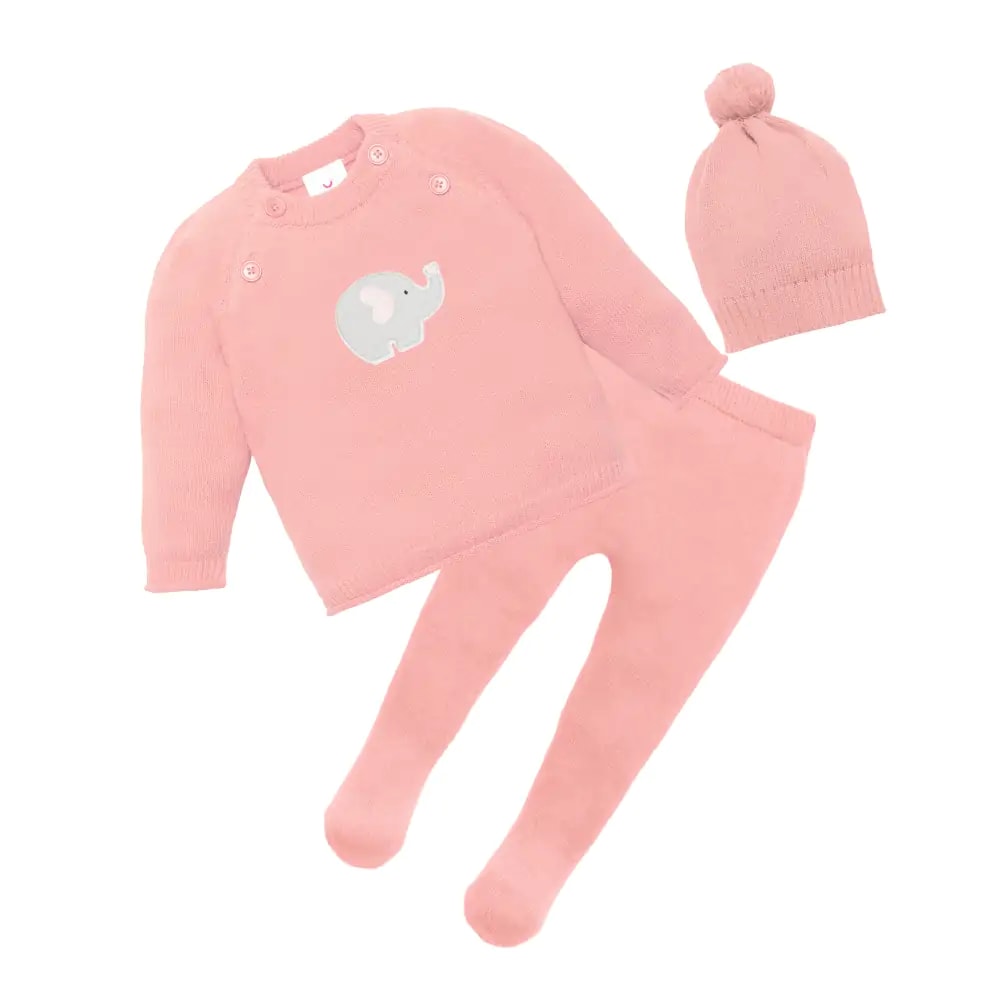 Baby Full Sleeves Sweater & Footed Pant Set with Cap in English Rose -Elephant (3-6 M)