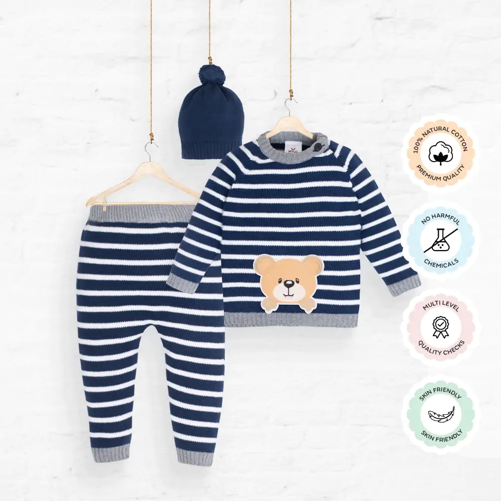 Baby Full Sleeves Striped Sweater & Pant Set with Cap Navy Teddy (12-18M)