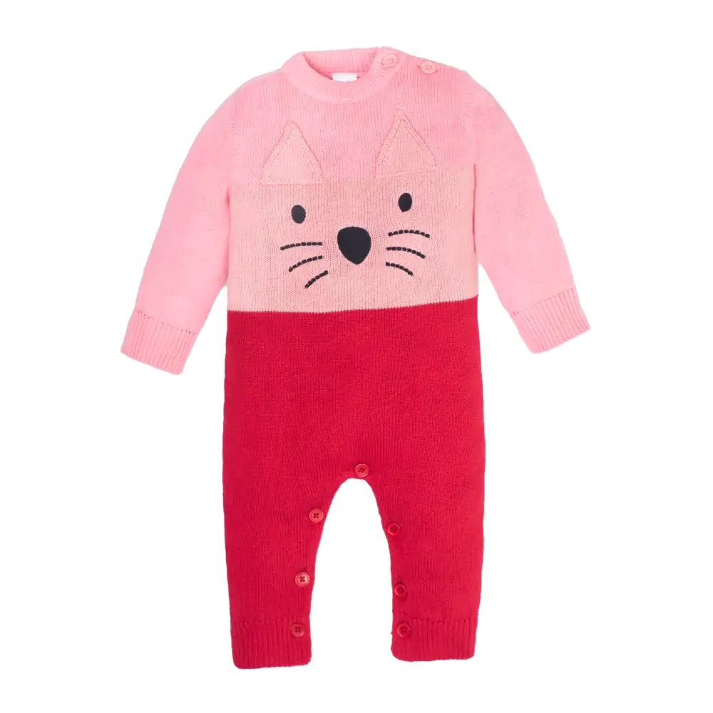 Baby Winter Wear Full Sleeves Romper Pink & Red Meow (0-3 M)