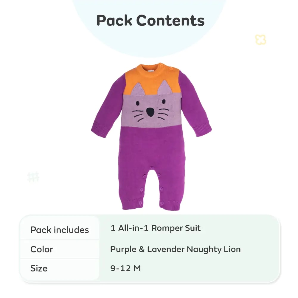 Baby Winter Wear Full Sleeves Romper/All-in-1 Suit in Heavy Gauge 100% Cotton– Purple & Lavender Naughty Lion (9 - 12 M)