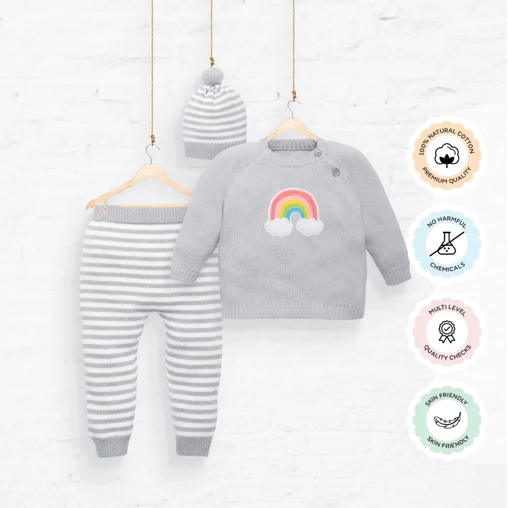 Baby Full Sleeves Sweater & Stripe Pant Set with Cap Lt. Grey Rainbow Cloud (6-9M)