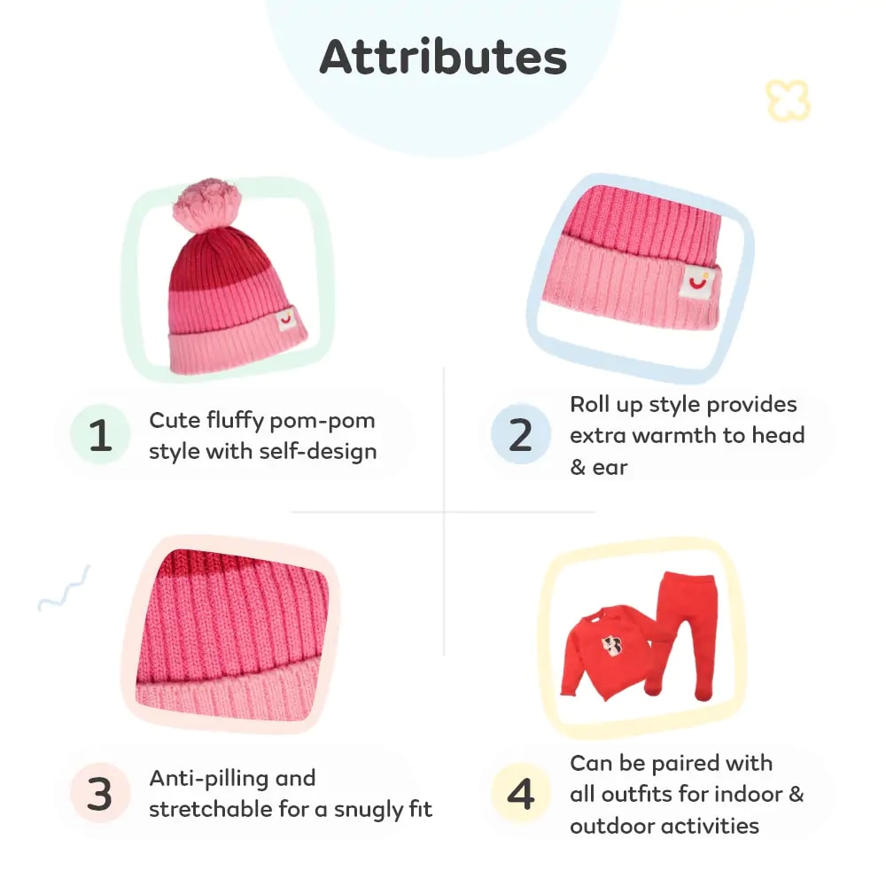 Baby Warm Winter Cap/Beanie with Pom-Pom in 100% Cotton – Red & Pink Beanie (0-6M) 