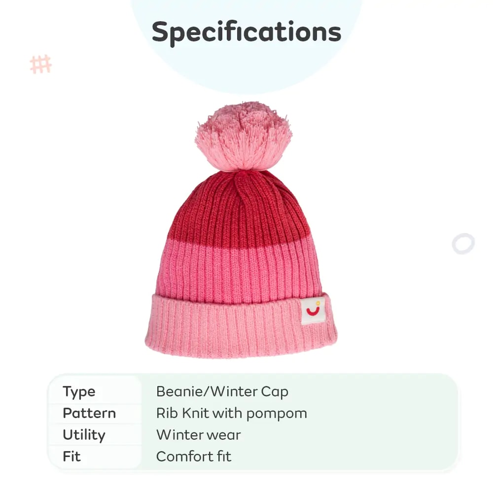 Baby Warm Winter Cap/Beanie with Pom-Pom in 100% Cotton – Red & Pink Beanie (0-6M) 