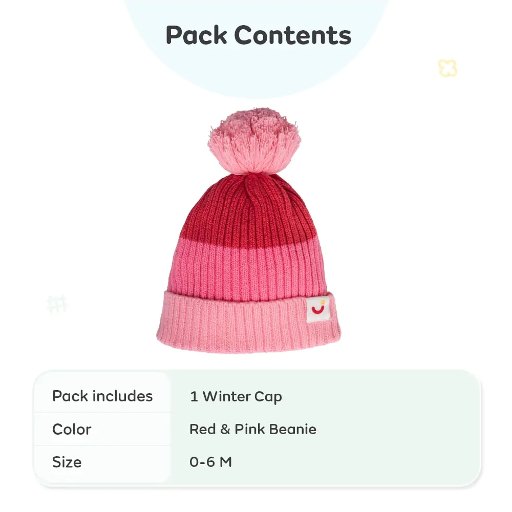 Baby Warm Winter Cap/Beanie with Pom-Pom in 100% Cotton – Red & Pink Beanie (0-6M) 