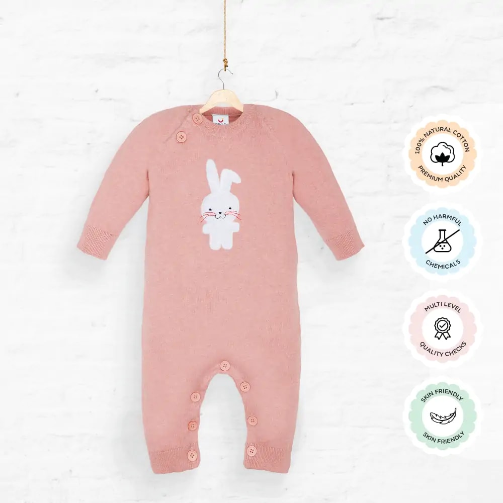 Baby Winter Wear Full Sleeves Romper Powder Pink Bunny (0-3 M)