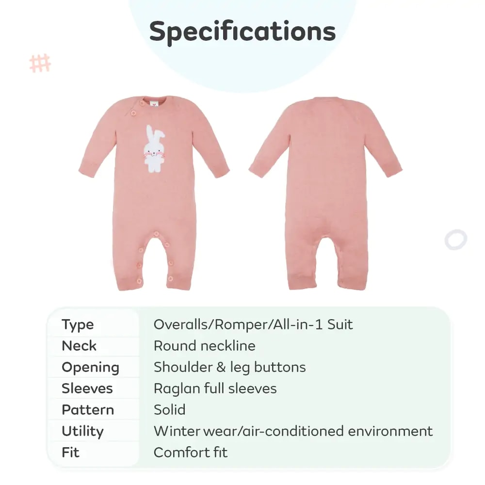 Baby Winter Wear Full Sleeves Romper/All-in-1 Suit in Fine Gauge 100% Cotton- Powder Pink Bunny (0-3 M)