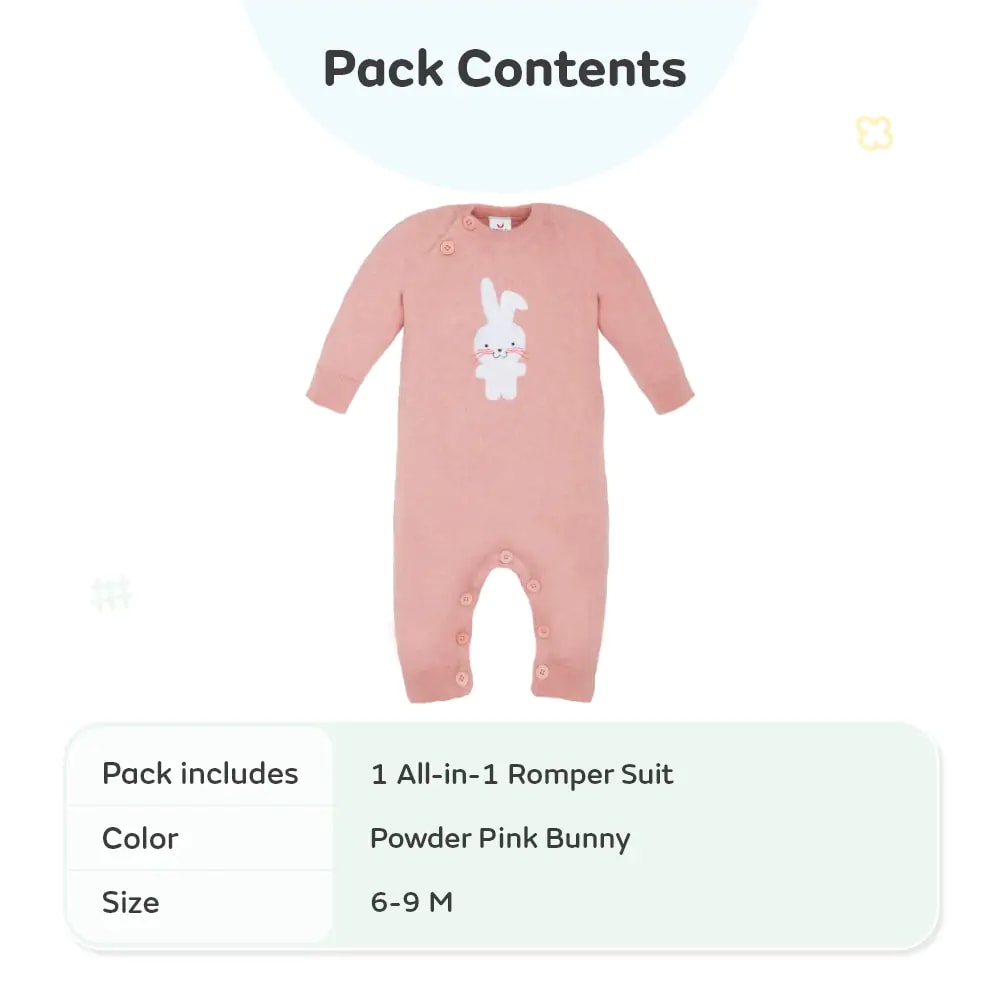 Baby Winter Wear Full Sleeves Romper/All-in-1 Suit in Fine Gauge 100% Cotton- Powder Pink Bunny (6-9 M)