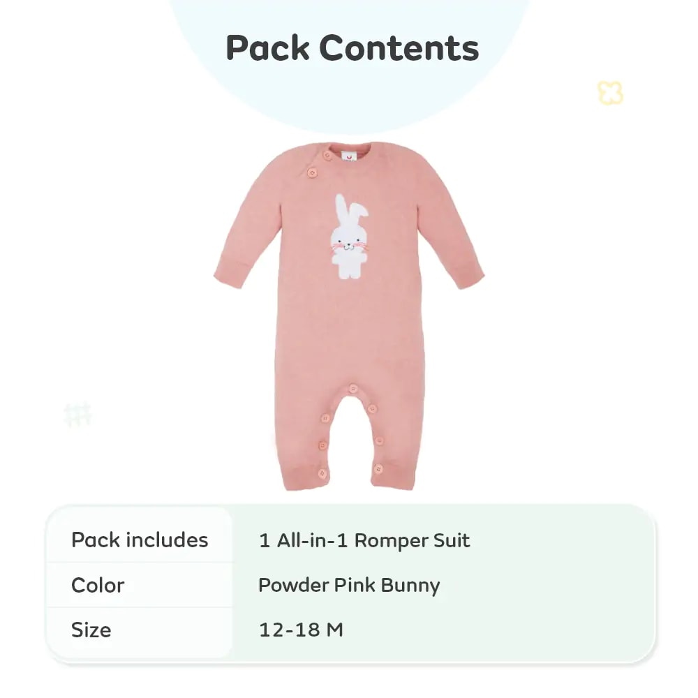 Baby Winter Wear Full Sleeves Romper/All-in-1 Suit in Fine Gauge 100% Cotton- Powder Pink Bunny (12-18 M)