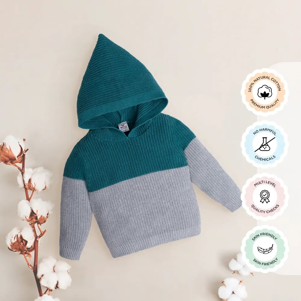 Baby Full Sleeves Sweater with Hoodie Teal & Grey (6-9 M)